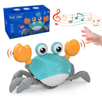 Crab Dog Toy with Packaging - Interactive toy featuring lights, music, and obstacle sensors, shown with its colorful box packaging