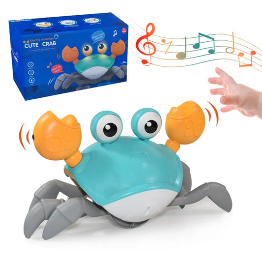 Crab Dog Toy with Packaging - Interactive toy featuring lights, music, and obstacle sensors, shown with its colorful box packaging